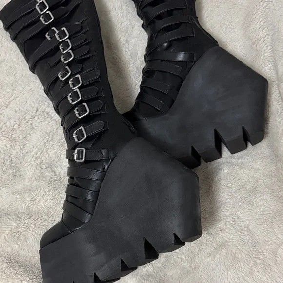 Gothic Black Buckle Strappy Monster Wedge Knee High Platform Boots - 9 - Picture 17 of 17